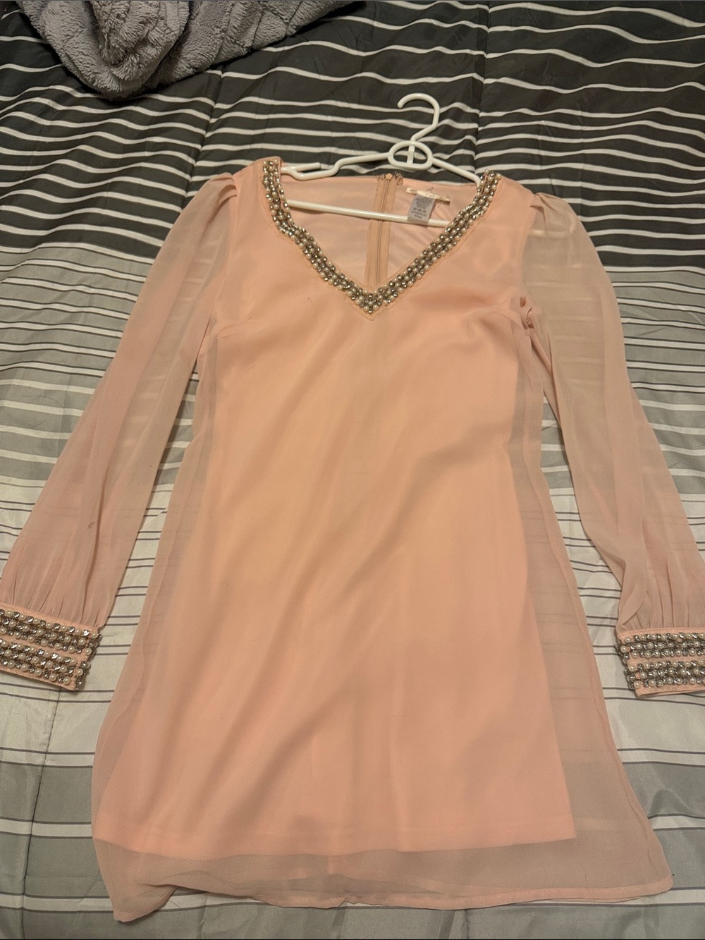 a'gaci Beaded V-Neck Long Sleeve Dress - Blush Pink